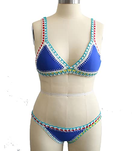 Handmade Women's Crochet Triangle Reversible Sexy Bikini Top And Bottom Sports Swimsuit Set Blue #TOP5