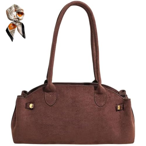 Women's Faux Suede Shoulder Bag,Large Capacity Trendy Brown Tote Purse,Fall Retro Fashion Underarm Work Handbag