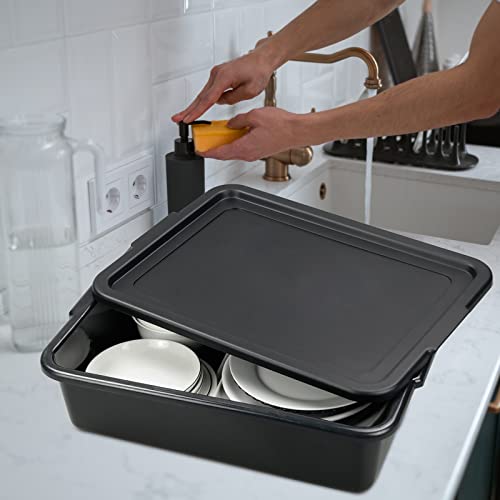 Kekow Plastic Bus Box with Lid, Commercial Bus Tubs with Handle, 3-Pack, Black - Thumbnail 5