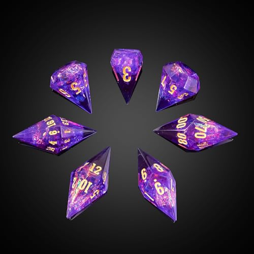 CRITALLIC 7PCS Diamond DND Dice Set,Sharp Edge Dice Set(Purple)