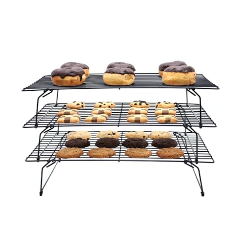 Buckingham 3 Tier Cooling Rack Stackable Non-Stick Durable Metal Wire Black Tray ideal for Cakes Cookies Pastries & Biscuits 40 Cm