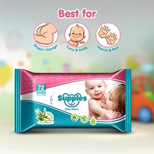 Image of Amazon Brand - Supples Baby Wet Wipes| 72 Wipes| Enriched With Aloe Vera and Vitamin E | Alcohol-Free and Paraben-Free | Pure Water-Based formulation