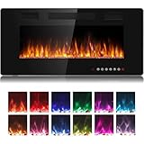 Waleaf Chimenea Eléctrica, 36'/42'/50' Chimeneas Electricas Decorativas con Calefacción, Efecto de Llama 3D, 12 Colores de Llama, Termostato 750/1500W, Chimenea Empotrada y Montada en Pared