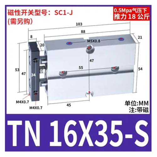 Vérin magnétique à double effet TN16 compact avec amortisseur et double piston
