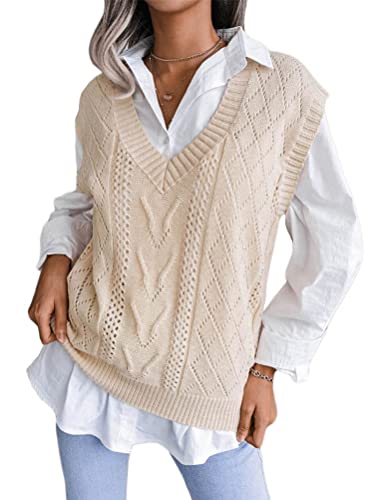 Shownicer Chaleco sin Mangas Mujer Jersey Suéter sin Mangas Punto Corto Jerséis Fino Cuello V Tops Primavera Camisetas sin Mangas Casual Pull-Over Otoño Invierno F Albaricoque S Cover