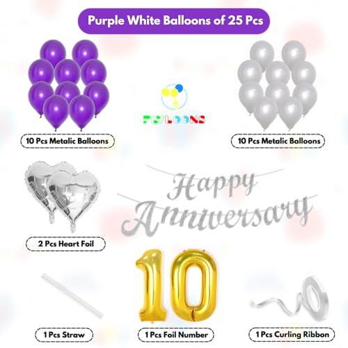 Image of Flyloons 10th Happy Anniversary Decoration Items Purple for Men Women Husband Wife Mom Dad Parent Couple Home Bedroom Car With 20 Pcs Metallic Balloons Anniversary Banner 2 Pcs Heart Set Kit
