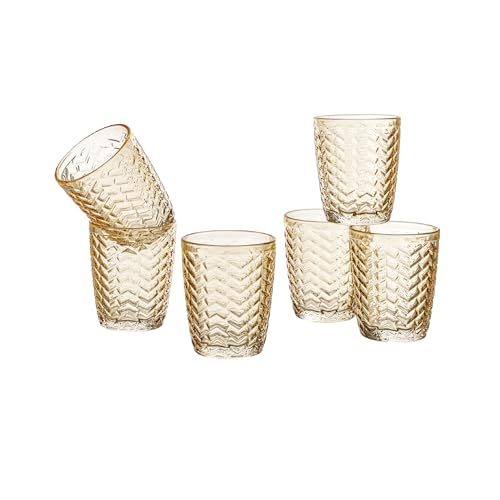 Baroni Home Set 6 pz di Bicchieri in Vetro Decorati con Rifiniture in Rilievo 30 CL, Bicchieri Eleganti Lavabili in Lavastoviglie, 8x8x10 cm, Intreccio Ambra