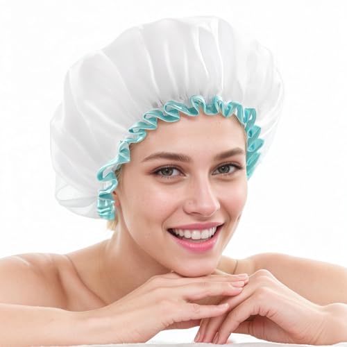 MUNSKT 2 Piezas Gorro De Ducha Grande Blanco Para Mujer Con Cabello Largo,Gorros de Ducha Impermeable y reutilizables,Doble Capa Impermeable, Reutilizable