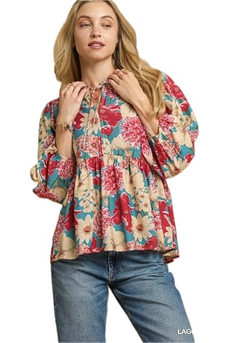 Women's Peplum Blouse Mix Floral Tie Neck Top Flattering Waist