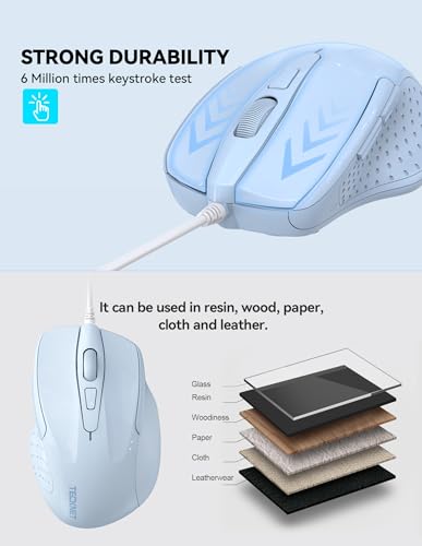 Image of TECKNET Wired Mouse, 6-Button Corded with 4 Adjustable DPI, Optical Mouse with Ergonomic Design and 5FT Cord for Laptop, Chromebook, PC, Desktop, Mac, Notebook - LT.Blue