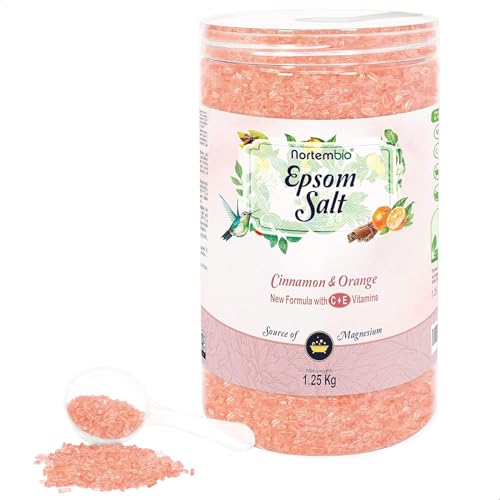 Nortembio Sali di Epsom 100% Fragranza Cannella e Arancia 1,25 kg – Fonte Naturale di Magnesio | Con Vitamina C ed E Idratante | Per Bagni Rilassanti, Spa e Cura della Pelle + E-Book Gratuito