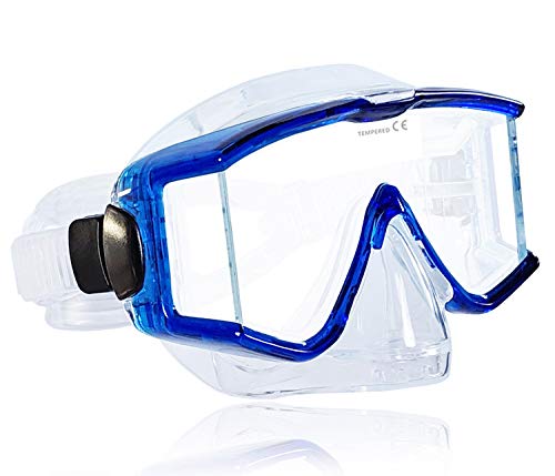 Tilos Single Lens Panoramic Large Wide View Mask for Scuba Diving & Snorkeling (Nose Purge, Trans Blue)