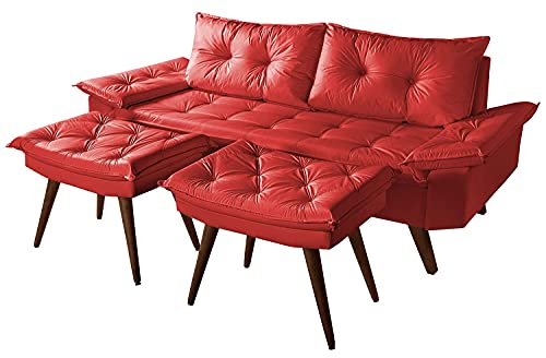 Sofá Bariloche 3 Lugares Em Courino Mais 2 Banquetas Essencial Estofados (Vermelho)