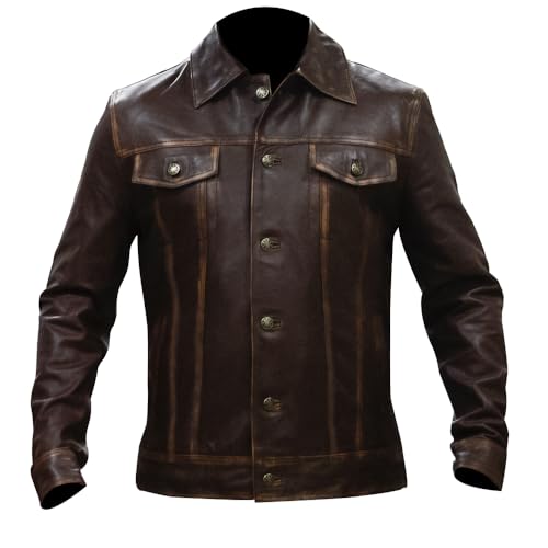 Image of Men's Genuine Leather Trucker Jacket Vintage Motorcycle Black Western Biker Slim Fit Trucker Jacket