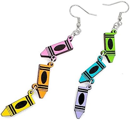 Personality Three section Crayon Earrings Crayon Pendant Earrings Teacher's Gift Rainbow Earrings Wooden Jewelry for Women Girls Gift