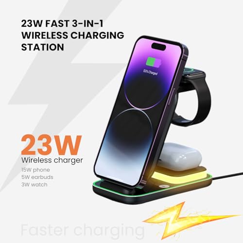 Image of Virtutron 3-in-1 Magnetic Wireless Charger Qi2 | 23W MagSafe Charging Stand | Compatible for iPhone 17 /16 /15 /14 /13 /12 Series, Apple Watch Ultra /SE /10 /9 /8 & AirPods 4 /3 /2 Gen & Pro