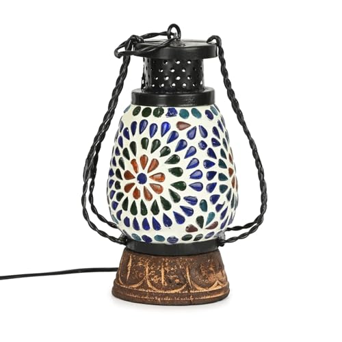 Wood & Iron Mosaic Glass Electric Lantern, Floral Design, LED Nig...