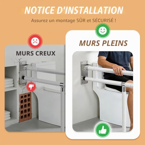Barre de WC rabattable 75cm blanche pour éviter les chutes des seniors