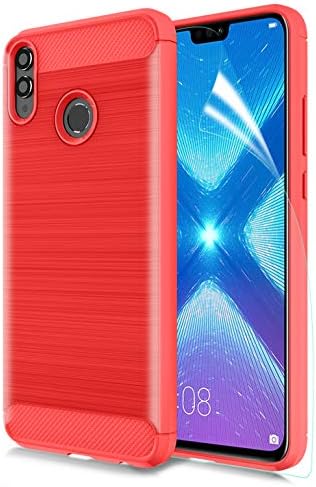 Honor 8X Case W/HD Screen Protector Carbon Fiber Soft TPU Brushed Texture Elastic Full-Body Rubber Heavy Duty Protective case, Red