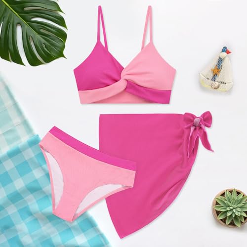 Weixinbuy Girl's 3 Piece Girls Swimsuit,V-Neck Twist Cross Bikini Set Swimwear 9-16Y Teen Bathing Suit with Cover Up Skirt4