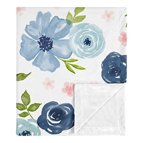 Image of Sweet Jojo Designs Navy Blue and Pink Watercolor Floral Baby Girl Receiving Security Swaddle Blanket for Newborn or Toddler Nursery Car Seat Stroller Soft Minky - Blush Green White Shabby Chic Flower