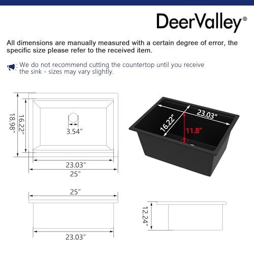 Image of DeerValley Black Undermount Kitchen Sink 25 Inch, Single Bowl Granite Composite Kitchen Sink with Integrated Ledge