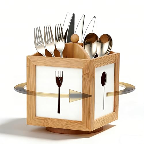JAZUIHA 360 Drehbarer Besteckhalter aus Holz Utensilienbehälter mit 4 Fächern Besteckkorb für Buffet und Picknick Besteck Organizer für Tisch und Arbeitsplatte