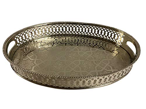 Marrakesh Tea Time Moroccan Style Engraved Silver Serving Tray (Oval Oval 14" X 10") #TOP21