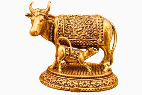 Image of Kamdhenu Cow with Calf Idol in Brass for Home Temple | Gau MATA Murti for Pooja, Vastu & Prosperity | Small Decorative Cow Statue for Office, Gift & Spiritual Decor (6 x 7 x 5.5 cm, 110 gm)