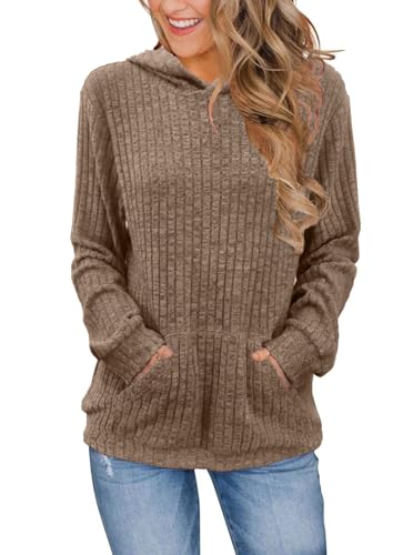 Bosmeer Plus Size Fall Clothes for Women Long Sleeve Kangaroo Pocket Womens Sweaters Business Casual Cozy Essentials Hoodies Khaki 3XL