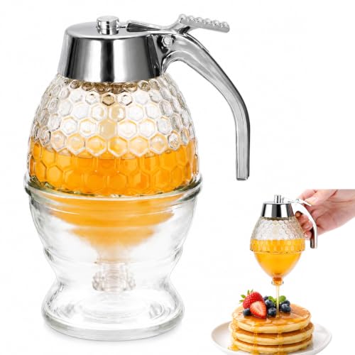 JeyFefv 8 oz Clear Glass Honey Dispenser with Stand - No-Drip