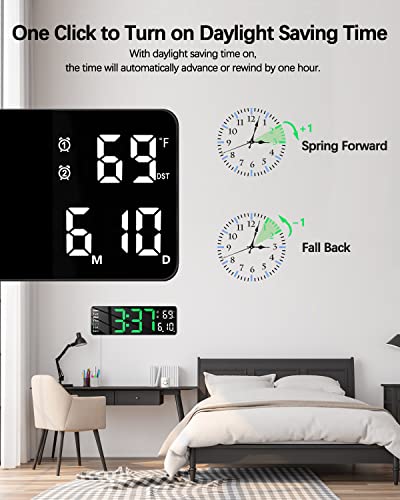 Jofomp Digital Wall Clock - Large 13 Inch Led Display, 2 Alarm, Remote Control, Automatic Daylight Saving Time, Brightness, Date, Week, Timer, Temperature - 12/24H - For Living Room, Bedroom (Green) #TOP4