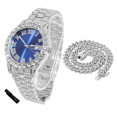 Montre diamants iced out en plaqué or 18 carats et chaîne cubaine
