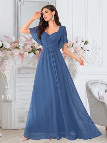 Sweetheart Bridesmaid Dresses for Women Long Chiffon Pleated Waist A Line Formal Evening Gowns with Flutter Sleeve2