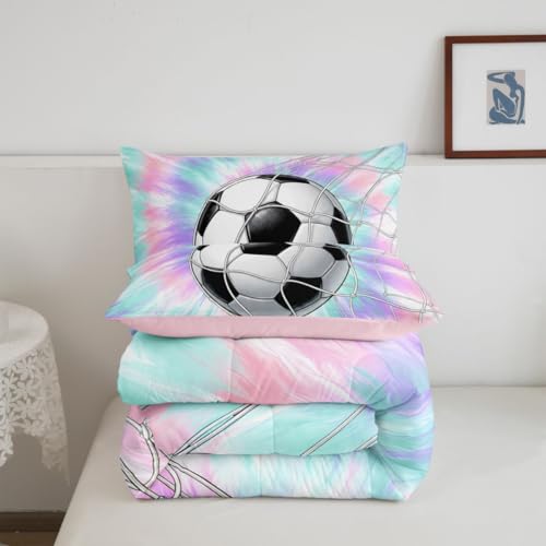 Image of Feelyou Football Comforter Set Full Size Soccer Bedding Set for Kids Boys Girls Watercolor Tie Dye Duvet Quilt Sports Bedroom Decor Microfiber 3 Pcs with 2 Pillow Cases