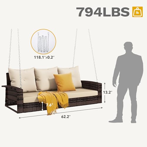 Dwvo MADWVVMOUB 3 Seats Porch Swing Hanging Bench Swing Outdoor Wicker Patio Swing Lounge Front Rattan Swing 794Lbs thumb #4