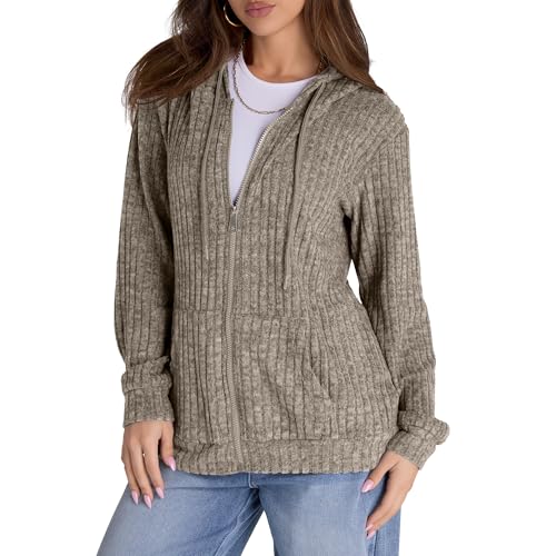 TASAMO Women's Oversized Sweatshirt Zip Up Hoodies Lightweight Open Front Cardigans Jackets with Pockets Khaki