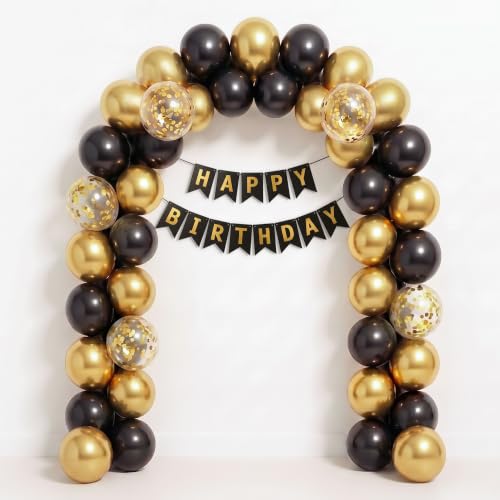 Image of Just Party Happy Birthday Decoration Kit, Gold and Black - Pack of 58 | Super Shinny Balloons for Birthday Decoration | Birthday Balloons for Kids & Adults | Happy Birthday Banner | Confetti Balloons