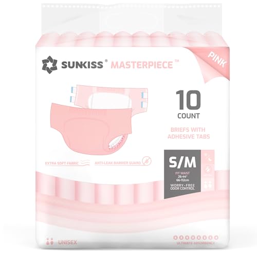 Image of SUNKISS Masterpiece Adult Diapers with Tabs, Unisex, S /M, Pink, 10 Count | Ultra High Absorbency, Plastic-backed Briefs, Refastenable Tabs, Odor Control, Leak Protection for Daytime & Overnight Use
