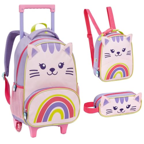Kit Mochila de Rodinha Lancheira e Estojo Creche Infantil ZOOP Gato