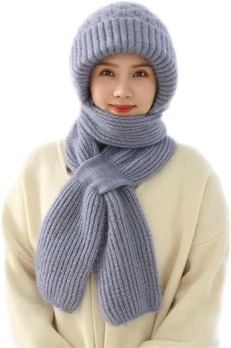 Sjaal met capuchon Verdikte warme damessjaalmuts, winddichte wintermuts, geïntegreerde gehoorbescherming, sjaal met capuchon 2-in-1 winterwarme gebreide muts (Color : Blue, Size : One size fits all