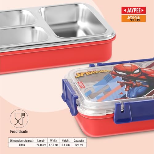 Image of JAYPEE Toon Box 3 Marvel Series Spider Man Inner Stainless Steel Insulated 3 Cavity Lunch Box for School Kids |Airtight Leakproof Tiffin Box with 2 Additional Lock |100% Food Grade|625 ml,Red