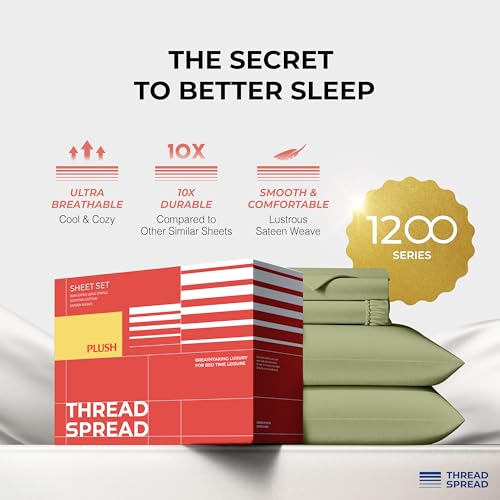 Image of THREAD SPREAD 100% Egyptian Cotton Queen Sheets Set - 1200 Series Plush Collection Luxury Egyptian Cotton Sheets Queen Size Deep Pocket (4 PC, Sage Green), Soft, Cooling, Sateen Weave Sheet Set