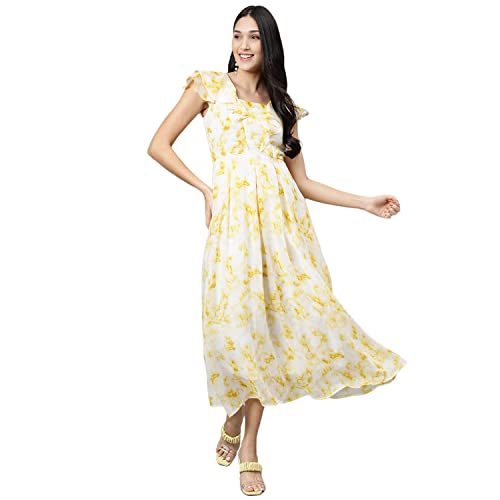 Image of Latin Quarters Women's Yellow Half Sleeve Printed Maxi Dress