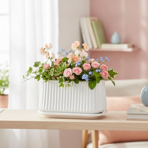 Image of Xtore Contemporary Rectangular Ceramic Planter with Drainage Tray | Ribbed Indoor Flower Pot for Succulents, Herbs, Tabletop Gardens & Modern Home Decor (White, Planter only)