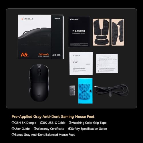 Image of ATK Dragonfly A9 Ultimate Wireless Gaming Mouse, PAW3950 Ultra Sensor, DPI up to 42,000, 55g Lightweight, 8K Polling, 800 Hr Battery Life, All-New Nano Coating, Dual-Mode 2.4G /Wired - Black