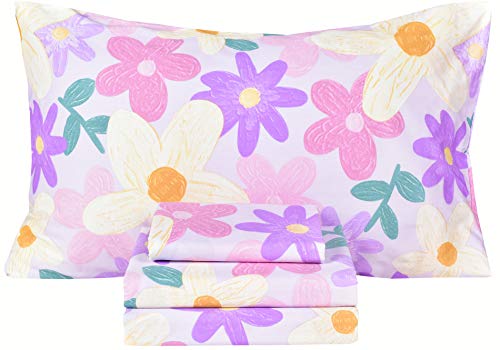 Image of Scientific Sleep Purple Flower Painting Girls 100% Cotton 4 Pcs Full Bed Sheet Set Kids Toddler Teen, Flat Sheet & Fitted Sheet & Pillowcase Kids Bedding Set (Floret, Full)