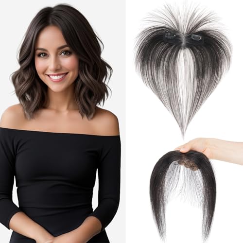 S-noilite Topper Capelli Umani per Donne, 9g Capelli Veri Frangetta Laterale, Frangia a S Fermaglio per Capello, 360° Capello Umani Toppers con 5x12.5CM Base per Diradati, Noir Naturel #1B