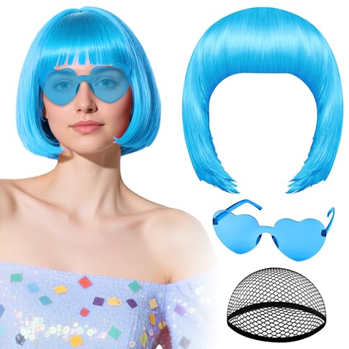 PLULON Blue Bob Wig with Heart Sunglasses and Hair Cap for Women Short Bob Wigs Synthetic Colored Funny Cosplay Hairieces for Women Men Neon Bachelorette Halloween Costume Party Decorations