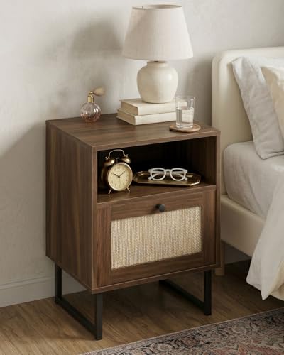 Image of Rattan Nightstand, Boho Night Stand Farmhouse Wood Bedside Table with Storage and Open Shelf, End Side Accent Table for Bedroom,Living Room,Walnut